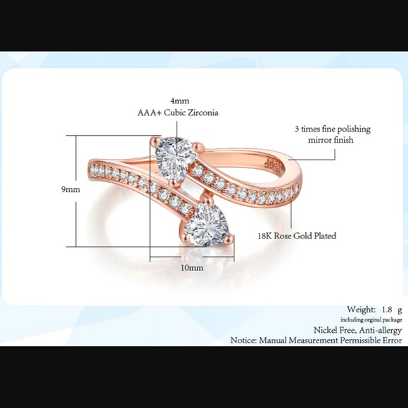 18K Rose Gold Crystal CZ Heart Bypass Ring - Picture 6 of 8